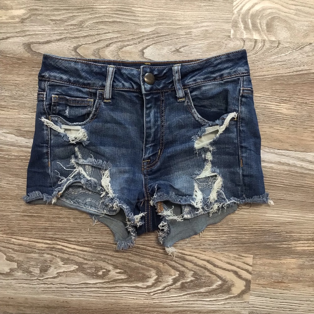 American Eagle Outfitters Hi-Rise Shortie Distressed Medium Rinse Denim Shorts 4